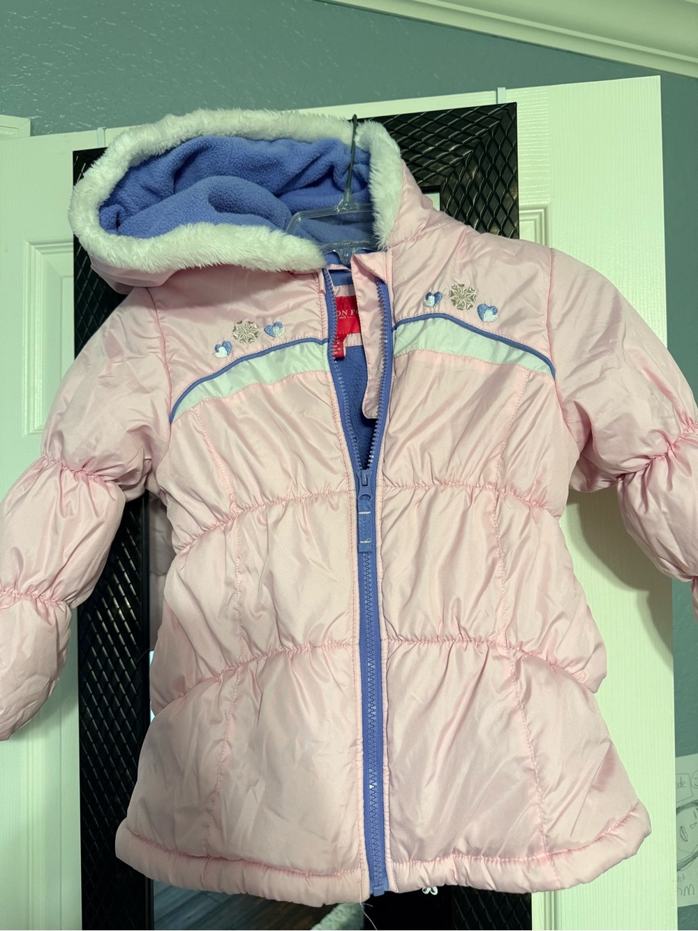 London Fog Girls Pink Puffer Jacket with Faux Fur Hood and Purple Lining